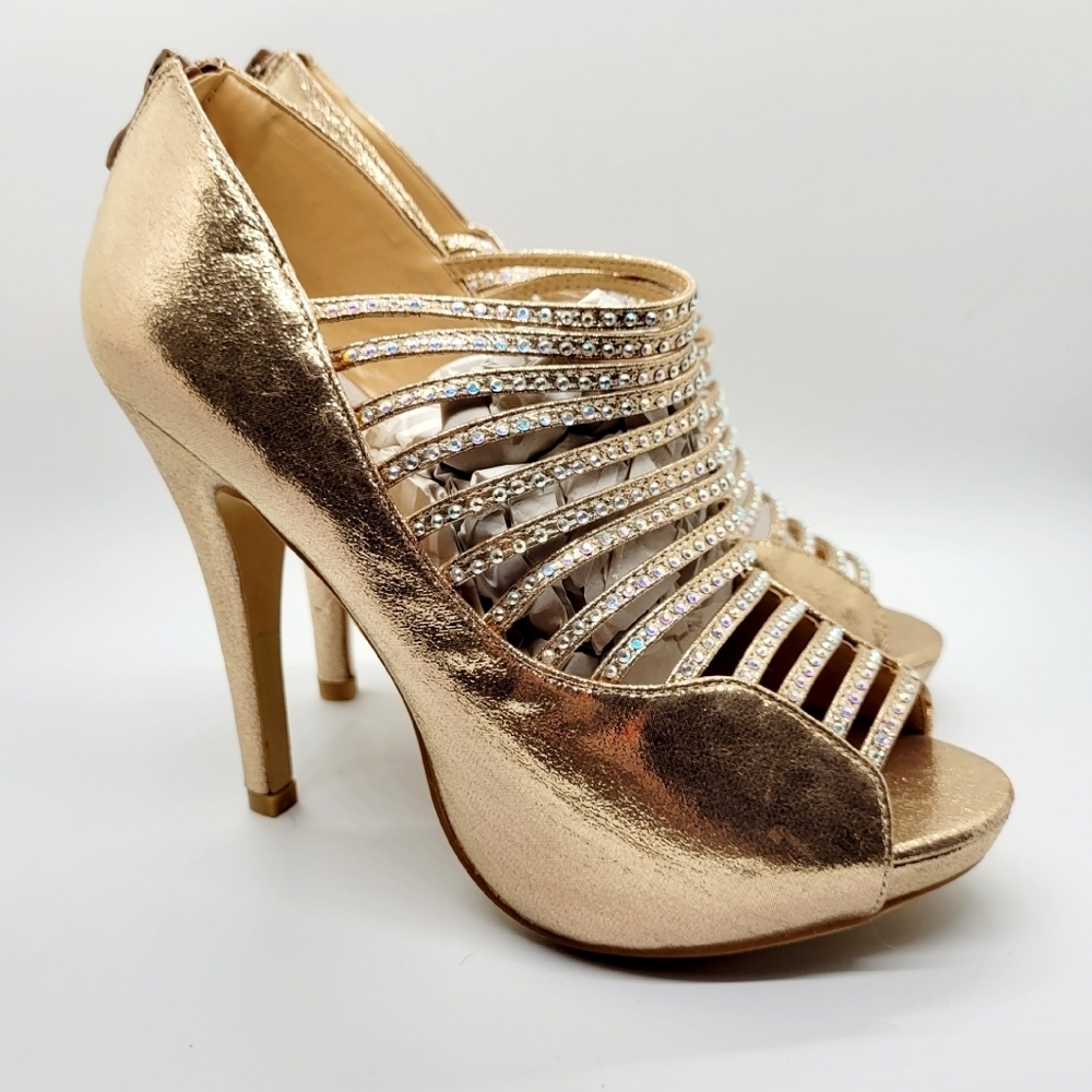 New Champagne Gold Rhinestone Embellished Caged Platform Heel Size 7.5 - Picture 8 of 14
